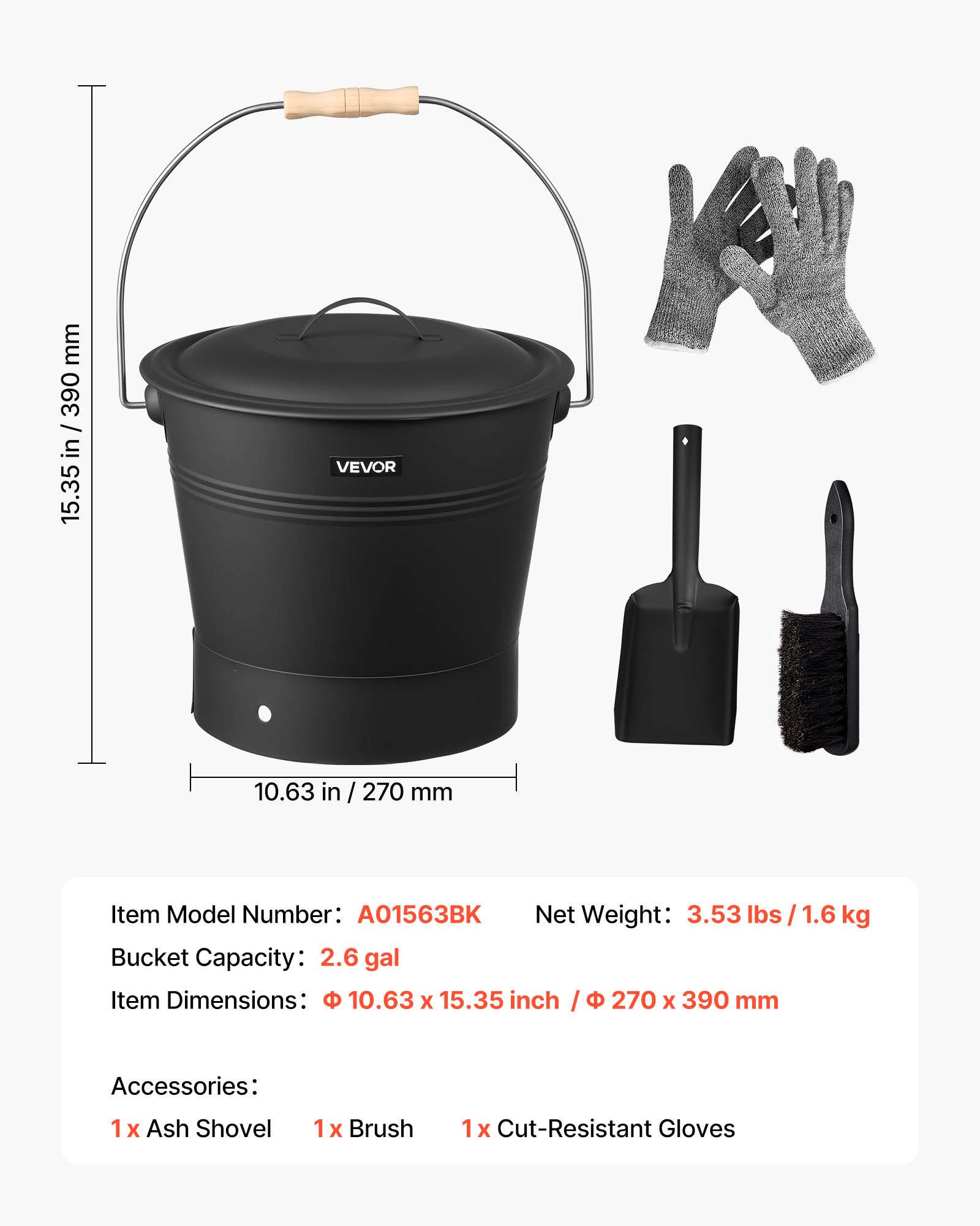 Cubo para cenizas VEVOR, juego de 4 piezas con tapa, pala, escoba y guantes. Cubo metálico para carbón y cenicero de chimenea, gran capacidad de 2,6 galones (9,8 litros) para chimeneas, fogatas, estufas de leña, uso interior y exterior.