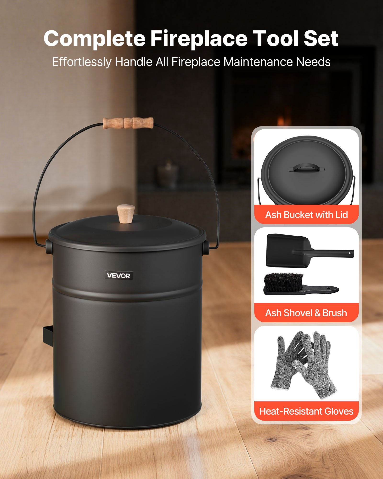 VEVOR Ash Bucket, 4 PCS with Lid, Shovel, Broom and Gloves, Metal Fireplace Charcoal Bucket and Ash Can, 4 GAL Large Capacity for Fireplace, Fire Pits, Wood Burning Stoves, Indoor and Outdoor
