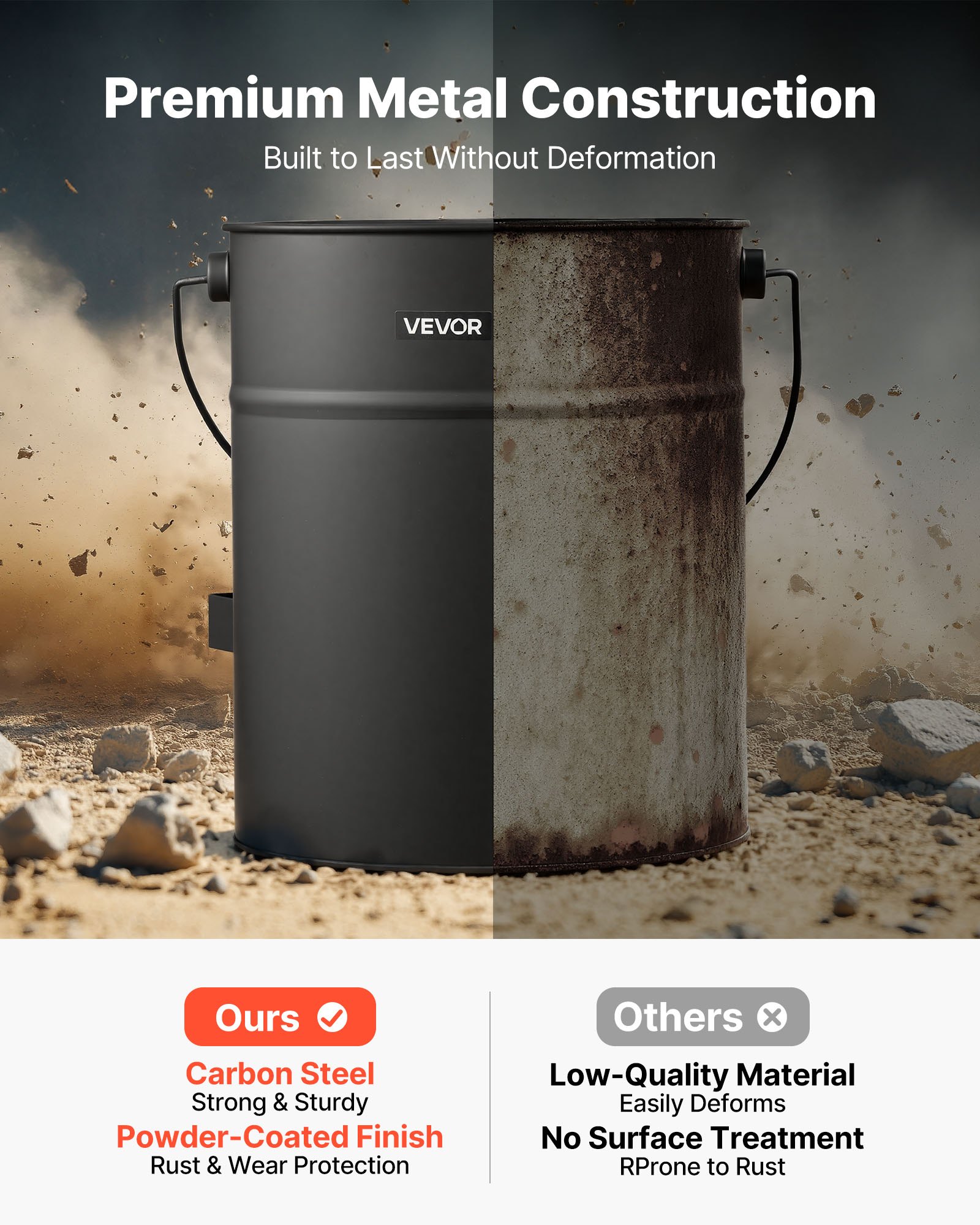 VEVOR Ash Bucket, 4 PCS with Lid, Shovel, Broom and Gloves, Metal Fireplace Charcoal Bucket and Ash Can, 4 GAL Large Capacity for Fireplace, Fire Pits, Wood Burning Stoves, Indoor and Outdoor
