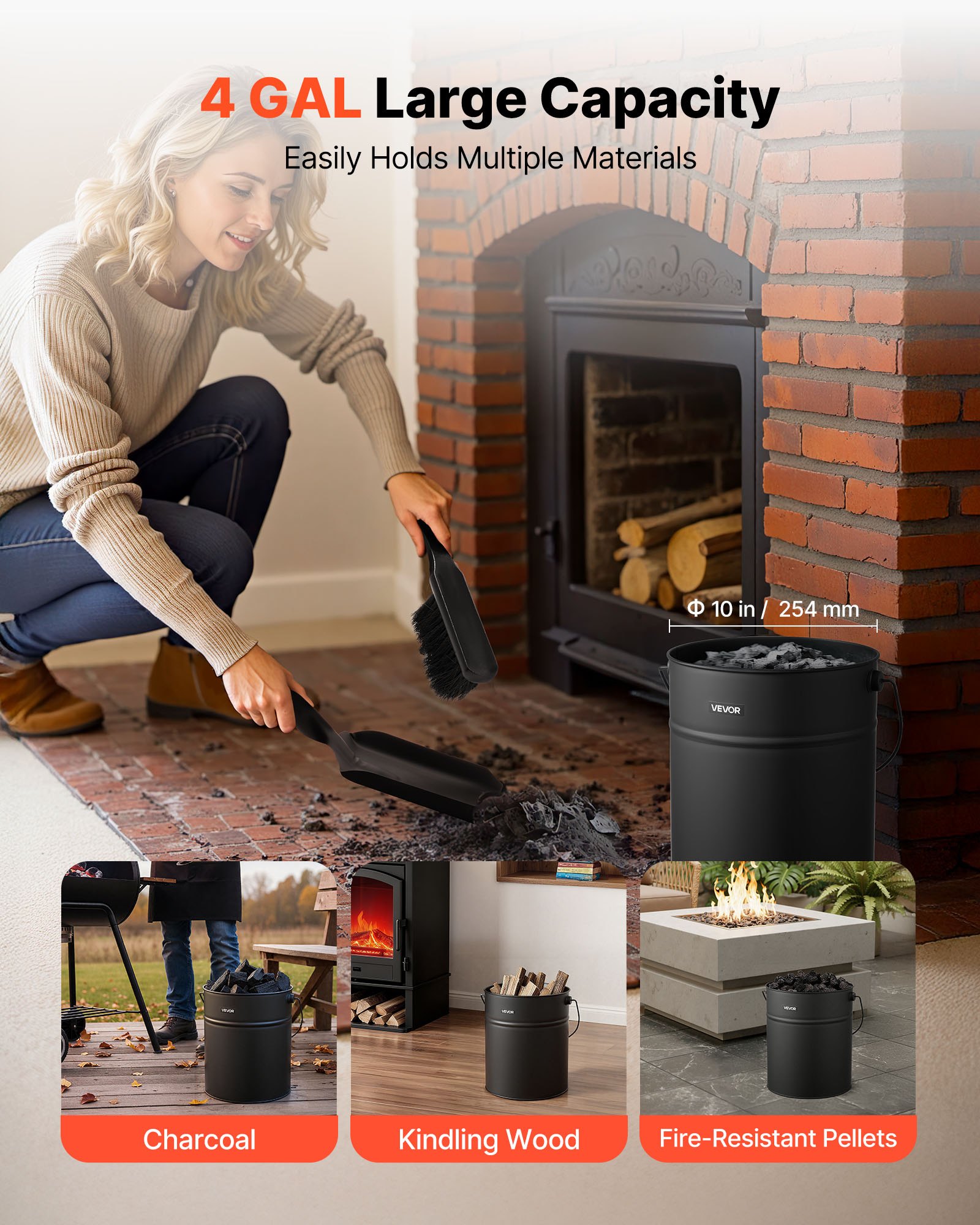 VEVOR Ash Bucket, 4 PCS with Lid, Shovel, Broom and Gloves, Metal Fireplace Charcoal Bucket and Ash Can, 4 GAL Large Capacity for Fireplace, Fire Pits, Wood Burning Stoves, Indoor and Outdoor