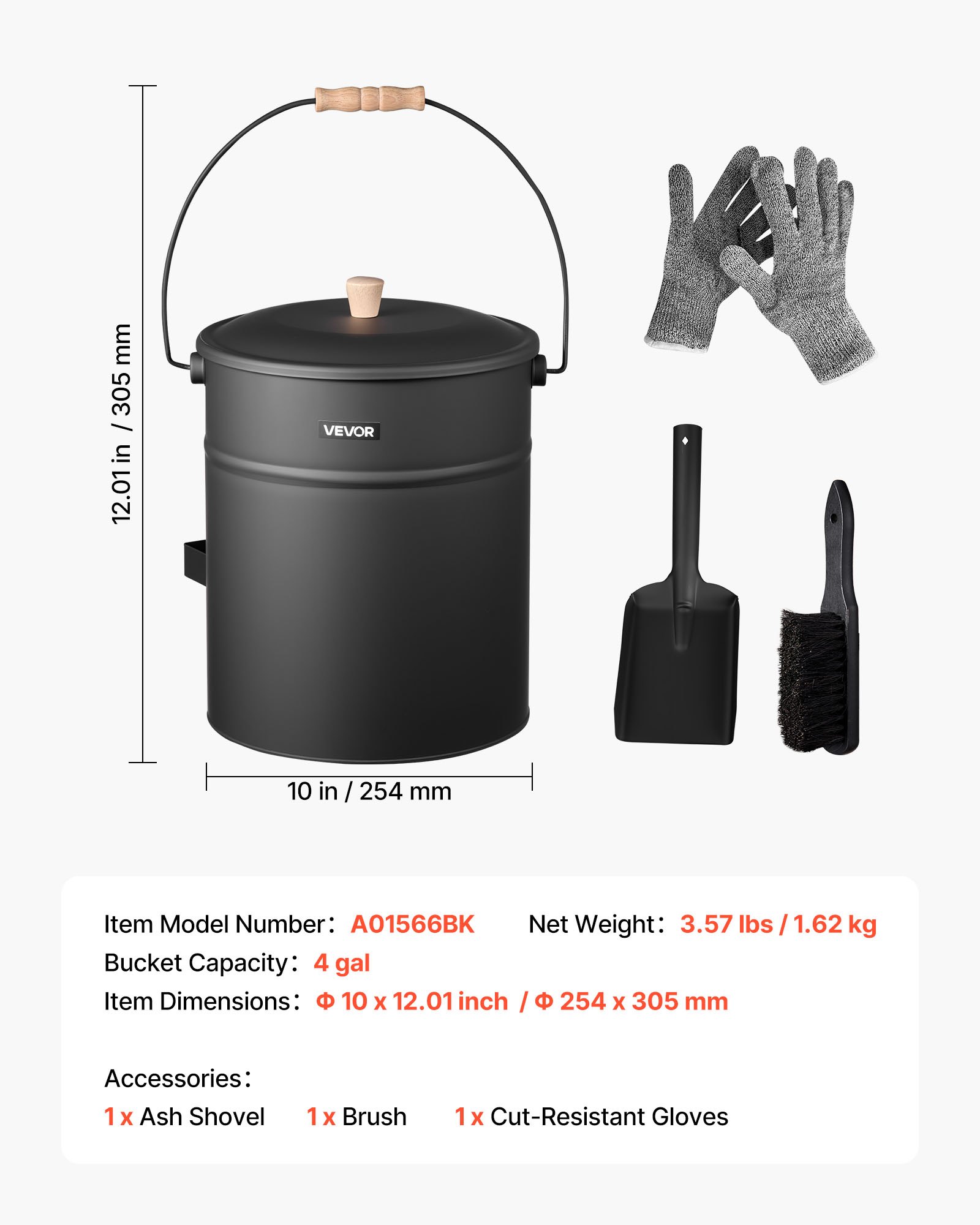 VEVOR Ash Bucket, 4 PCS with Lid, Shovel, Broom and Gloves, Metal Fireplace Charcoal Bucket and Ash Can, 4 GAL Large Capacity for Fireplace, Fire Pits, Wood Burning Stoves, Indoor and Outdoor