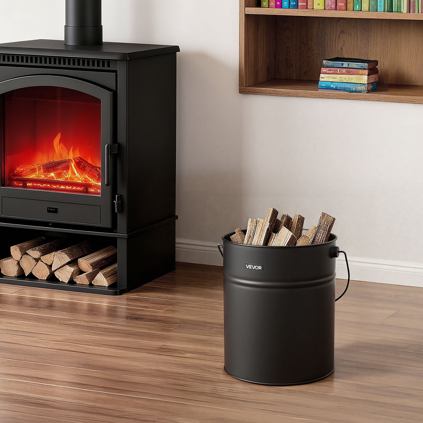 VEVOR Ash Bucket, 4 PCS with Lid, Shovel, Broom and Gloves, Metal Fireplace Charcoal Bucket and Ash Can, 4 GAL Large Capacity for Fireplace, Fire Pits, Wood Burning Stoves, Indoor and Outdoor
