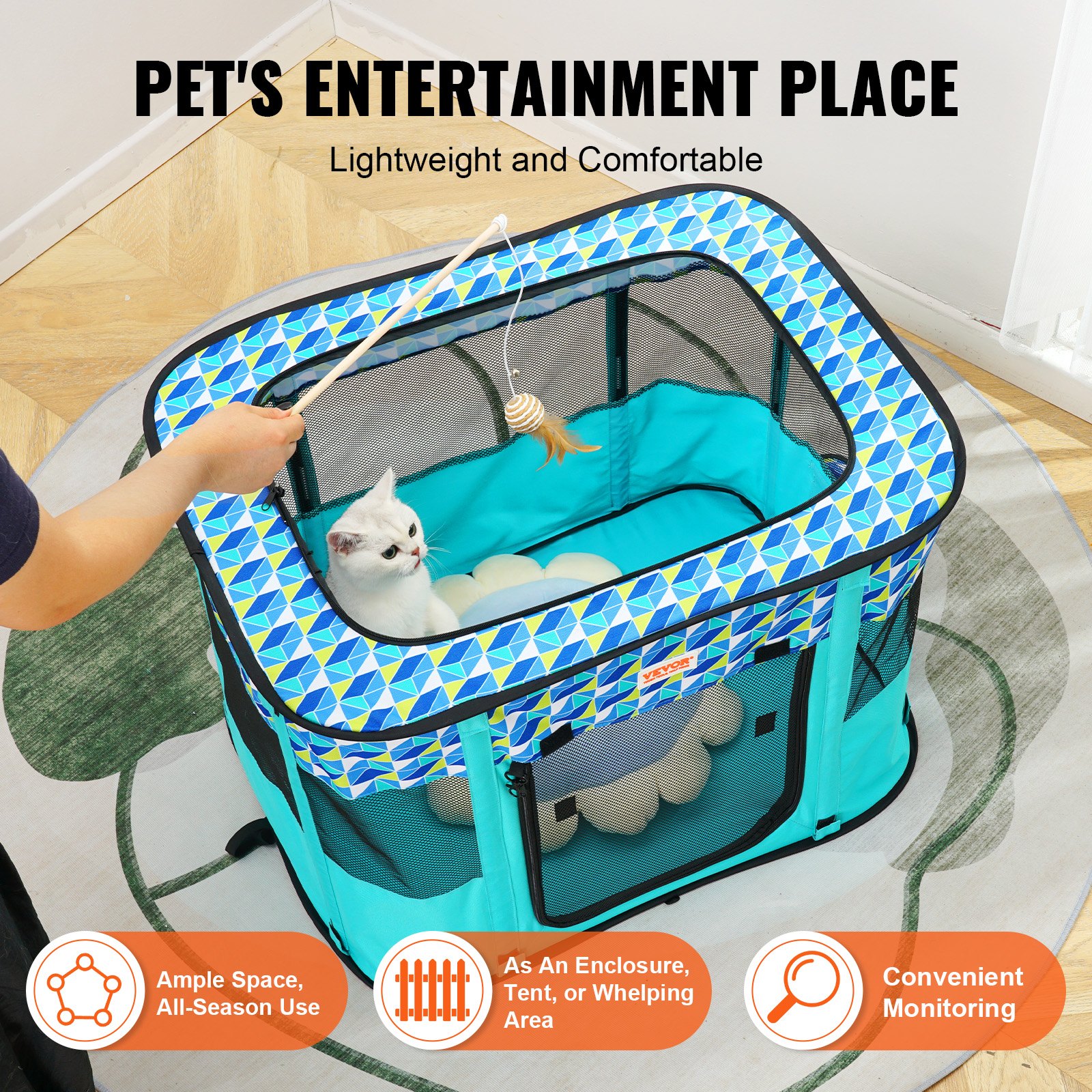 VEVOR Parque de juegos plegable para mascotas, 81 x 61 x 56 cm, portátil, caseta para cachorros, perros y gatos, tela Oxford 600D impermeable, cremallera extraíble, para interiores, exteriores, viajes y acampadas (rectangular, S)