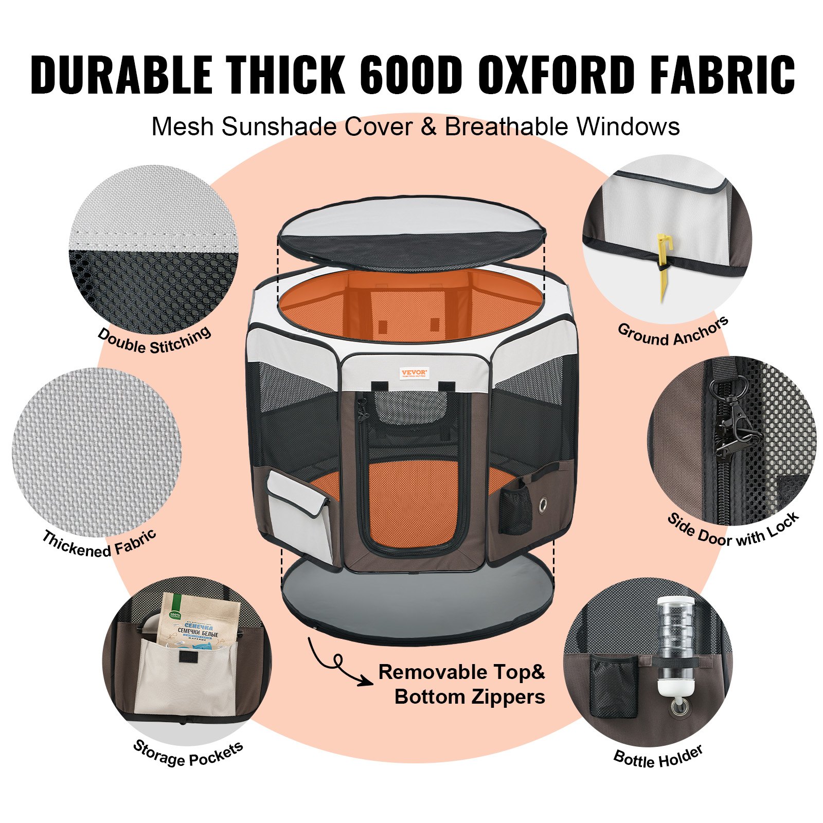 VEVOR Parque infantil plegable para mascotas, parque portátil para perros de 36 pulgadas, caseta para cachorros, perros, gatos, tela Oxford 600D impermeable de primera calidad, cremallera extraíble, p