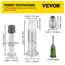 Jeringas de vidrio de borosilicato VEVOR con cierre Luer, jeringas de vidrio reutilizables de 1 ml, 100 unidades