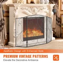 VEVOR Pantalla para chimenea de 3 paneles, resistente malla de hierro para chimenea, cubierta protectora contra chispas de 48 pulgadas de largo x 30,2 pulgadas de alto, no requiere ensamblaje, rejilla independiente para cerca de chimenea para sala de estar, decoración del hogar, color negro vintage