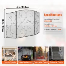 VEVOR Pantalla para chimenea de 3 paneles, resistente malla de hierro para chimenea, cubierta protectora contra chispas de 48 pulgadas de largo x 30,2 pulgadas de alto, no requiere ensamblaje, rejilla independiente para cerca de chimenea para sala de estar, decoración del hogar, color negro vintage