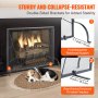 Chimenea con mampara VEVOR, que muestra soportes de doble cara, un fuego ardiente y un perro durmiendo.
