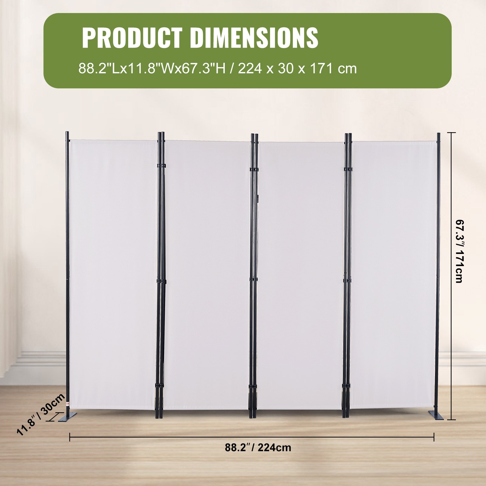 Biombo VEVOR con dimensiones 88,2&quot; x 11,8&quot; x 67,3&quot; o 224 x 30 x 171 cm, con panel blanco y marco negro.
