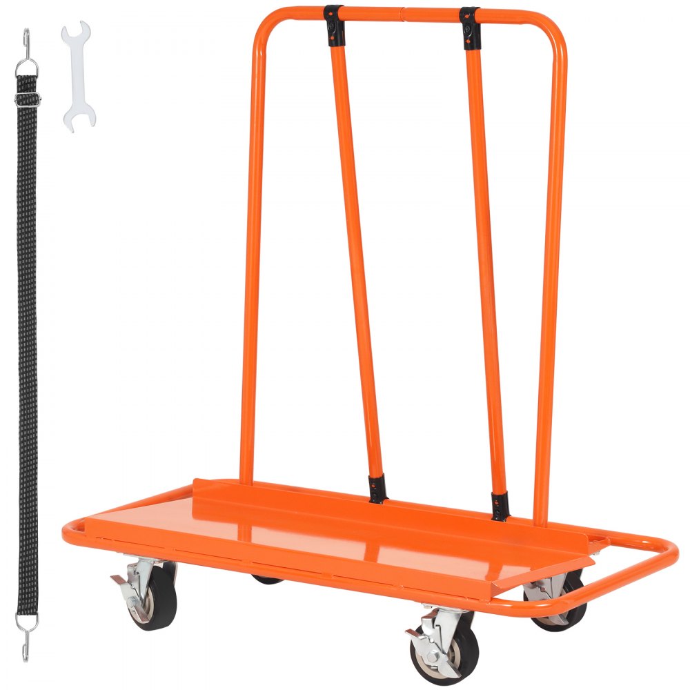 Carro para paneles de yeso VEVOR naranja con ruedas, correa y llave incluidas. Ideal para transportar láminas de yeso.