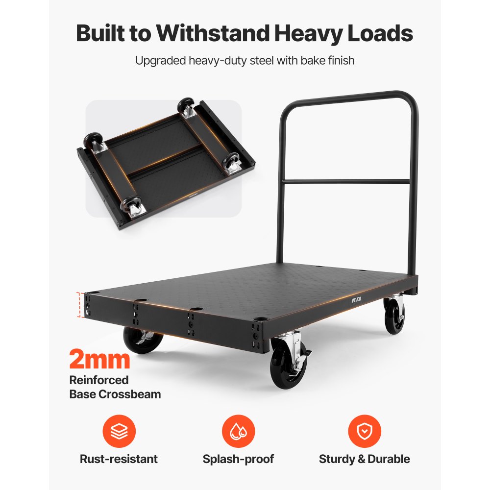 VEVOR Carro Portaplatos, Capacidad de Carga de 816 kg, 2 en 1 con Ruedas Giratorias de 360°, con 3 Pasamanos Laterales, Ayuda para Fábricas, Almacenes y Garajes, Color Negro, 914 x 610 x 878 mm