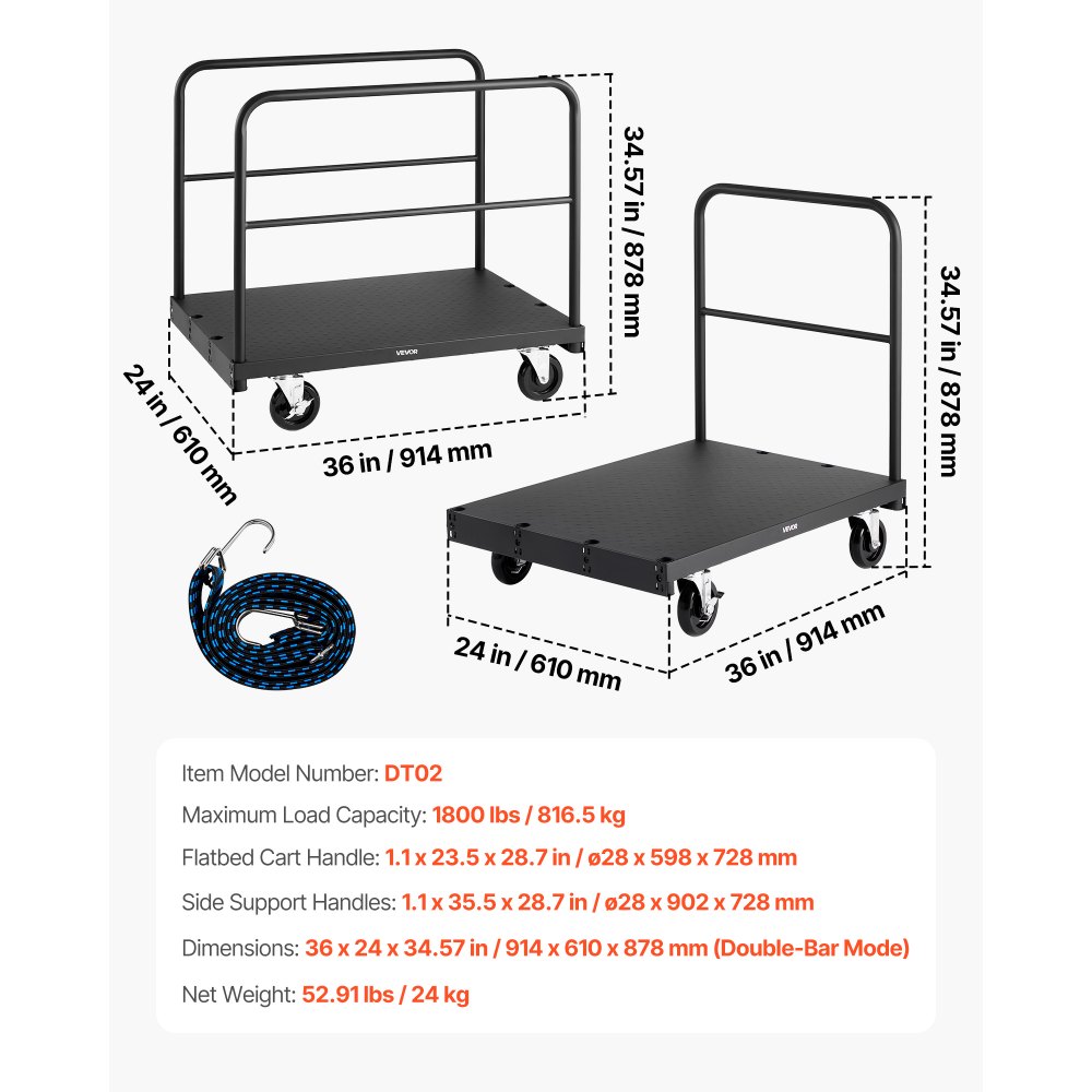 VEVOR Carro Portaplatos, Capacidad de Carga de 816 kg, 2 en 1 con Ruedas Giratorias de 360°, con 3 Pasamanos Laterales, Ayuda para Fábricas, Almacenes y Garajes, Color Negro, 914 x 610 x 878 mm