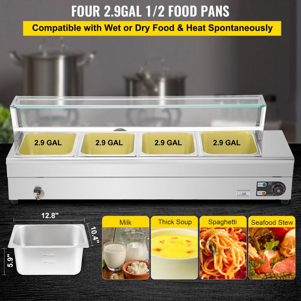 VEVOR Calentador de Comida Calentador de alimentos comercial 4 x 1/2 sartenes baño María eléctrico de 44 cuartos de galón con sartenes de 6 pulgadas
