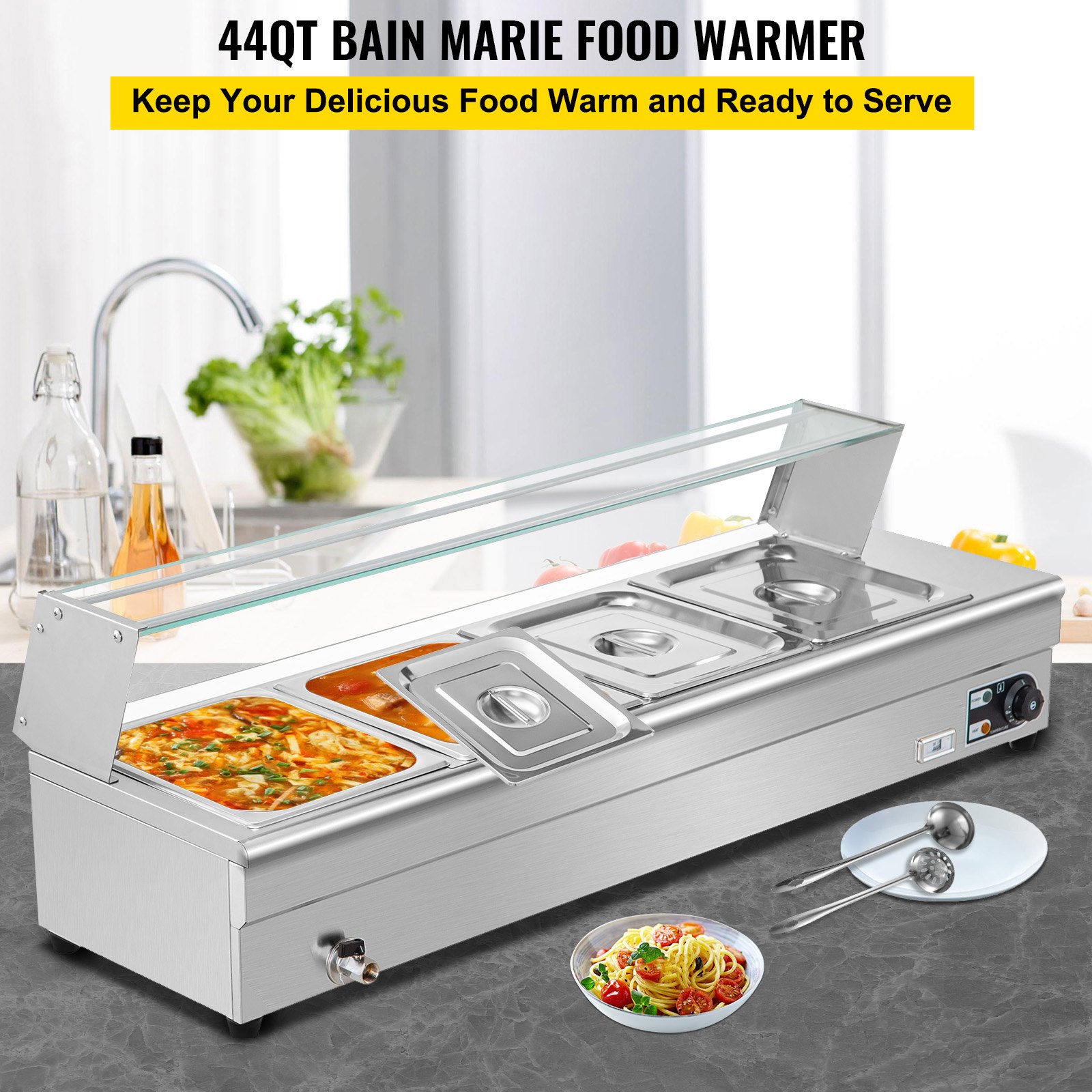 VEVOR Calentador de Comida Calentador de alimentos comercial 4 x 1/2 sartenes baño María eléctrico de 44 cuartos de galón con sartenes de 6 pulgadas