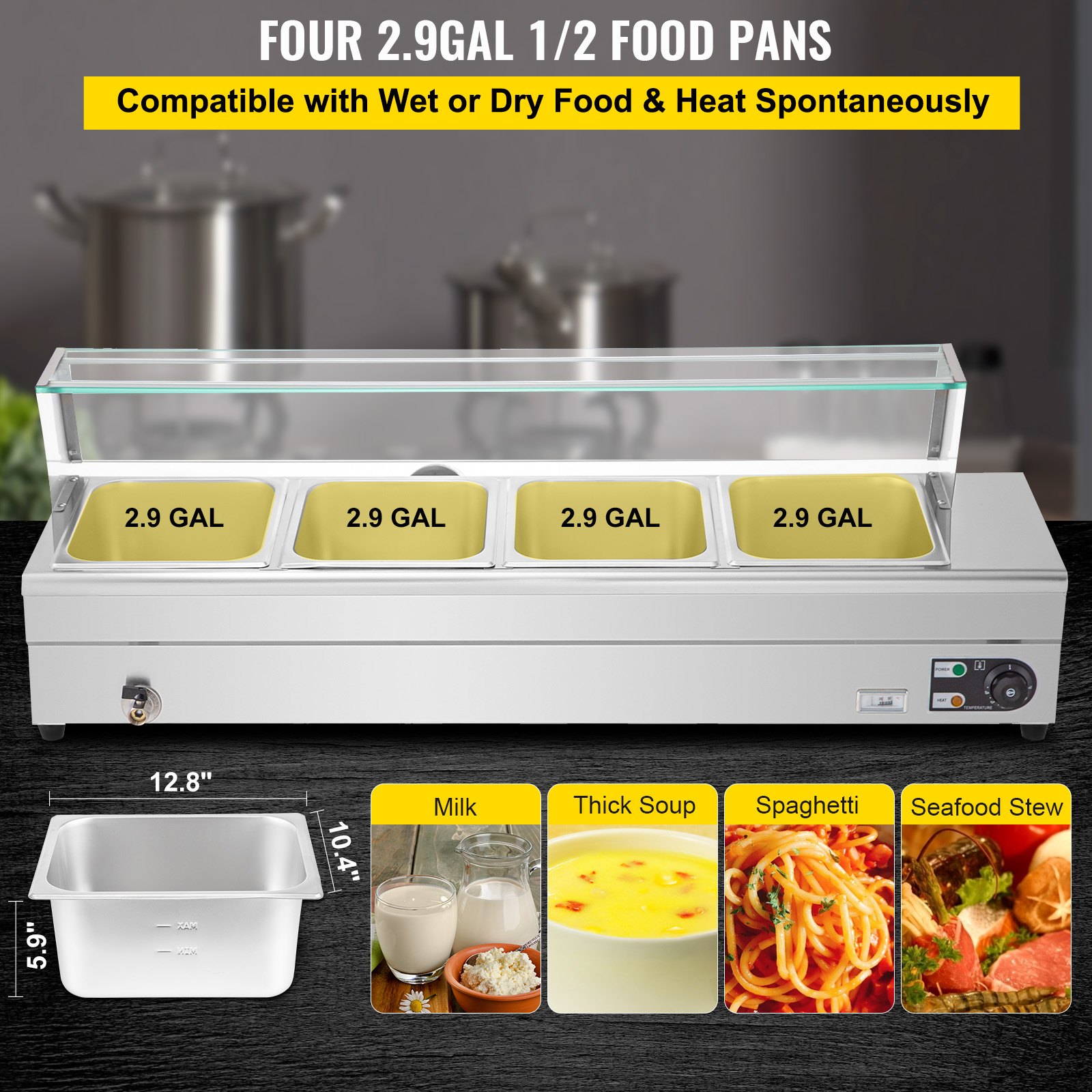 VEVOR Calentador de Comida Calentador de alimentos comercial 4 x 1/2 sartenes baño María eléctrico de 44 cuartos de galón con sartenes de 6 pulgadas