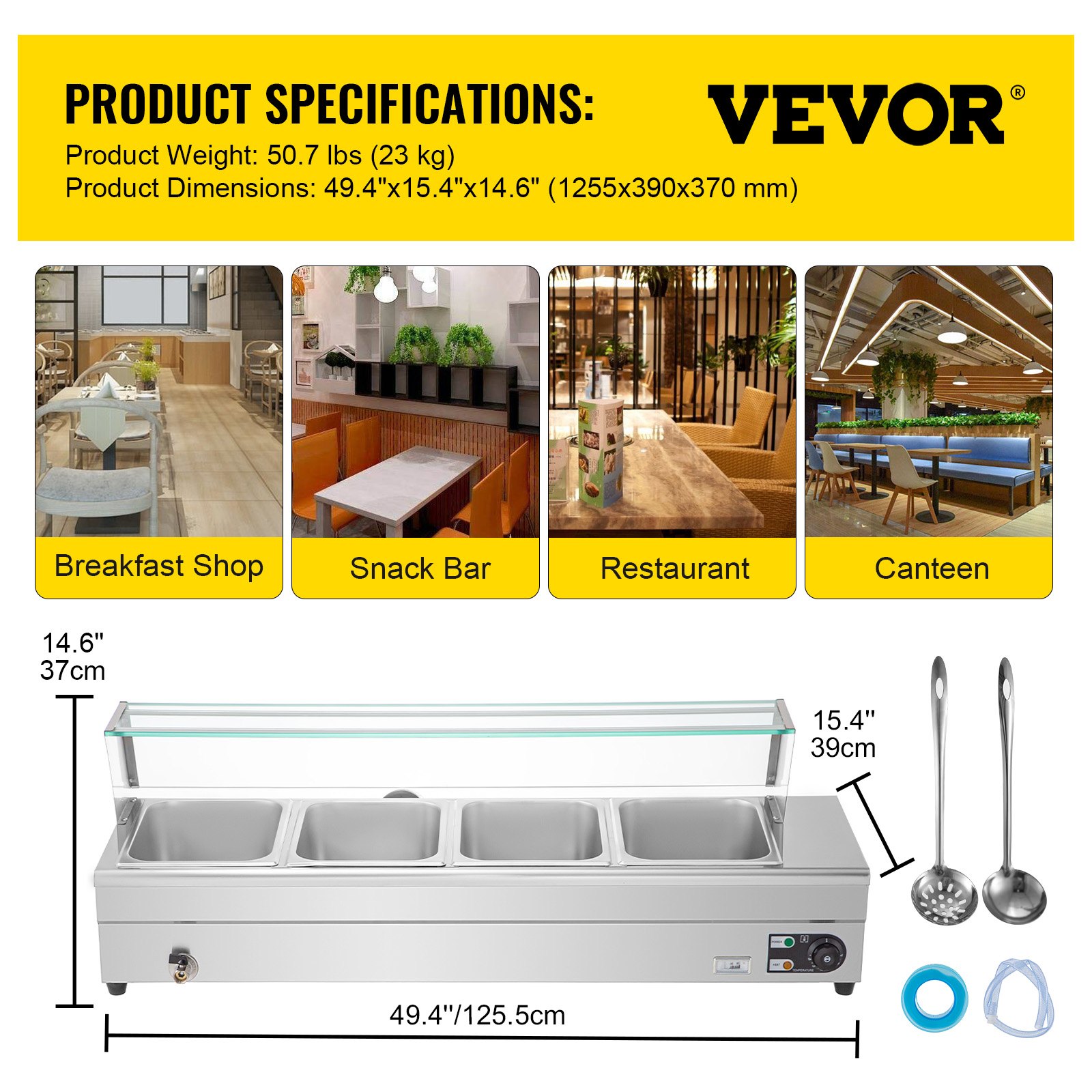 VEVOR Calentador de Comida Calentador de alimentos comercial 4 x 1/2 sartenes baño María eléctrico de 44 cuartos de galón con sartenes de 6 pulgadas