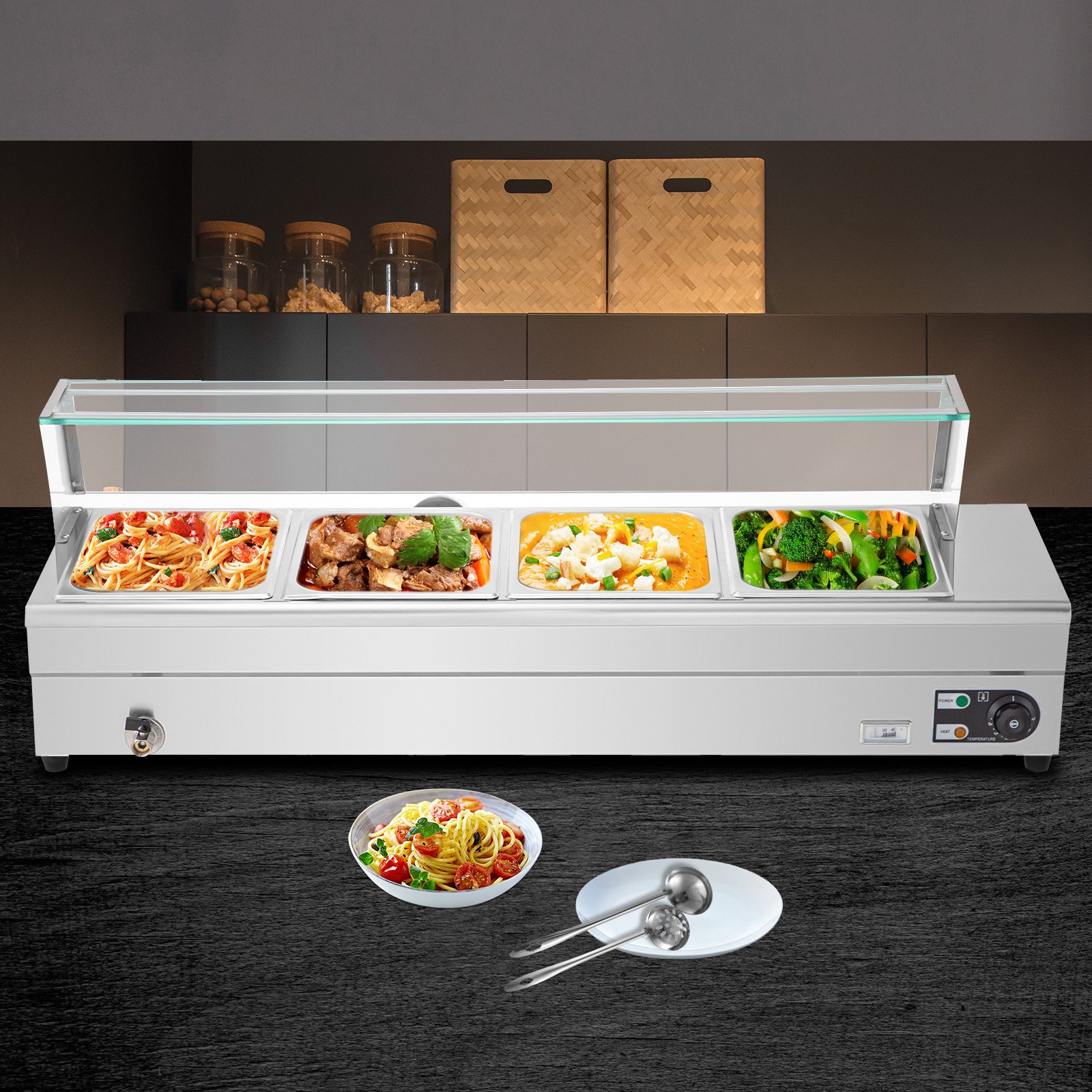 VEVOR Calentador de Comida Calentador de alimentos comercial 4 x 1/2 sartenes baño María eléctrico de 44 cuartos de galón con sartenes de 6 pulgadas
