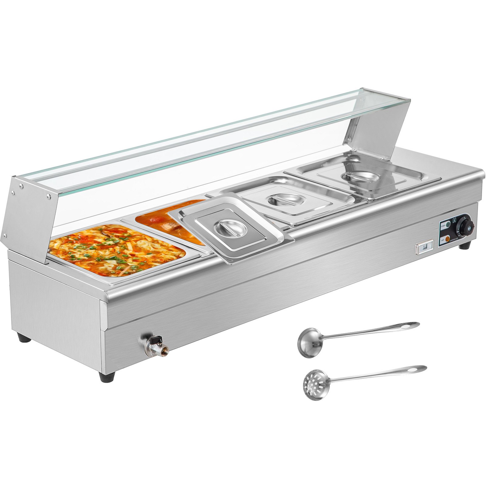 VEVOR Calentador de Comida Calentador de alimentos comercial 4 x 1/2 sartenes baño María eléctrico de 44 cuartos de galón con sartenes de 6 pulgadas
