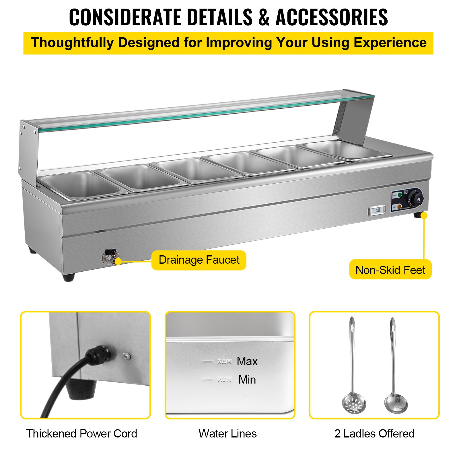 VEVOR Calentador de Comida Calentador de alimentos Bain Marie de 110 V 6 sartenes mesa de vapor comercial de acero inoxidable de grado alimenticio