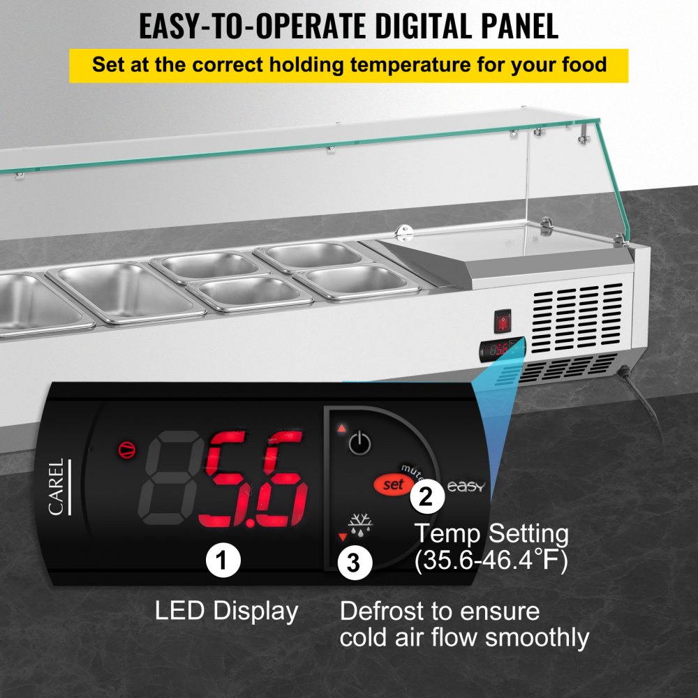 Estación de preparación refrigerada VEVOR con panel digital fácil de operar y pantalla de ajuste de temperatura.