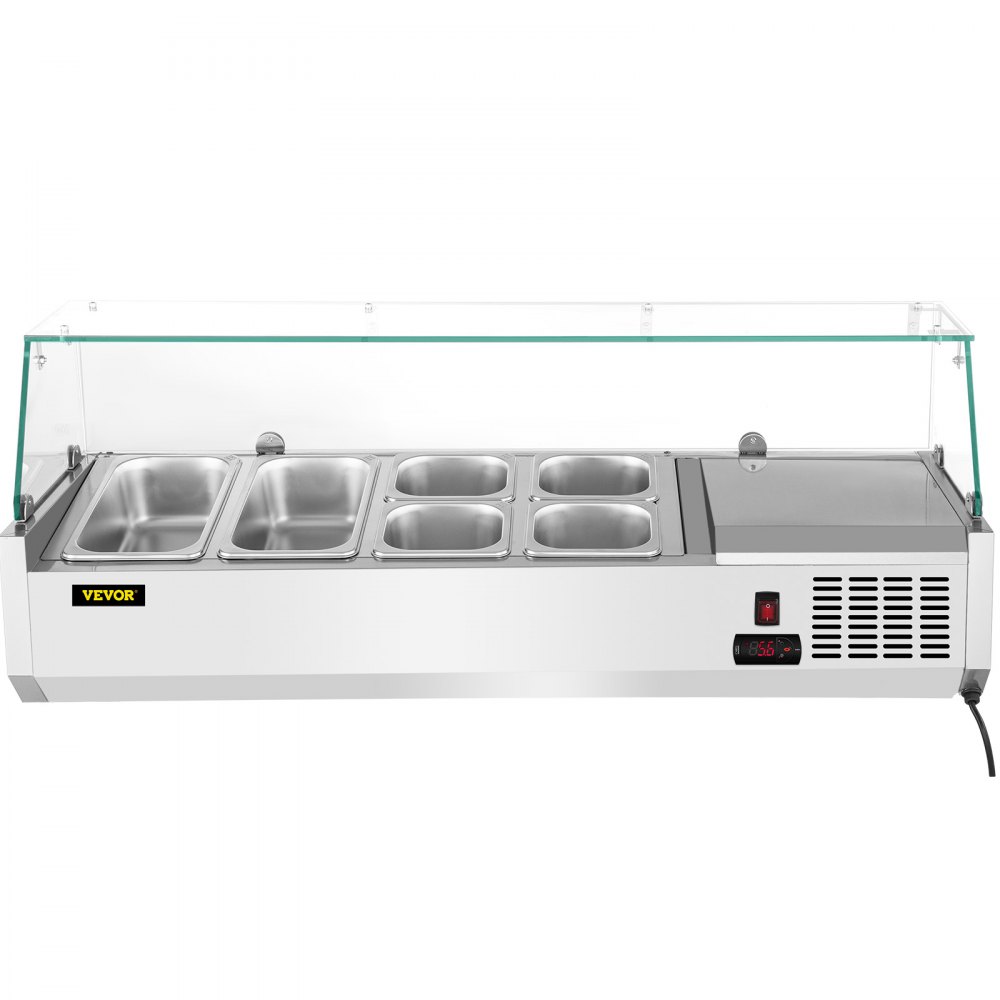 Estación de preparación refrigerada VEVOR con múltiples bandejas de acero inoxidable y un protector de vidrio transparente.