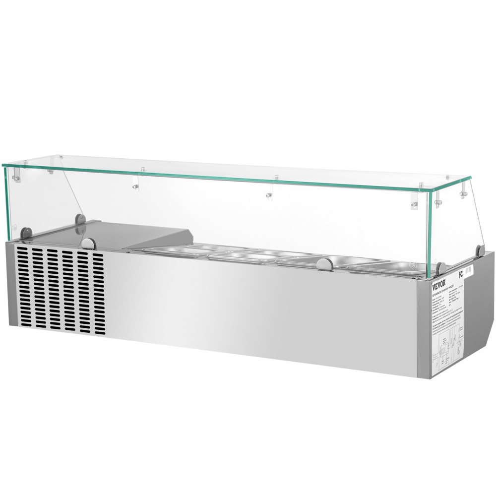 Estación de preparación refrigerada VEVOR con cubierta de acero inoxidable y vidrio, con múltiples compartimentos