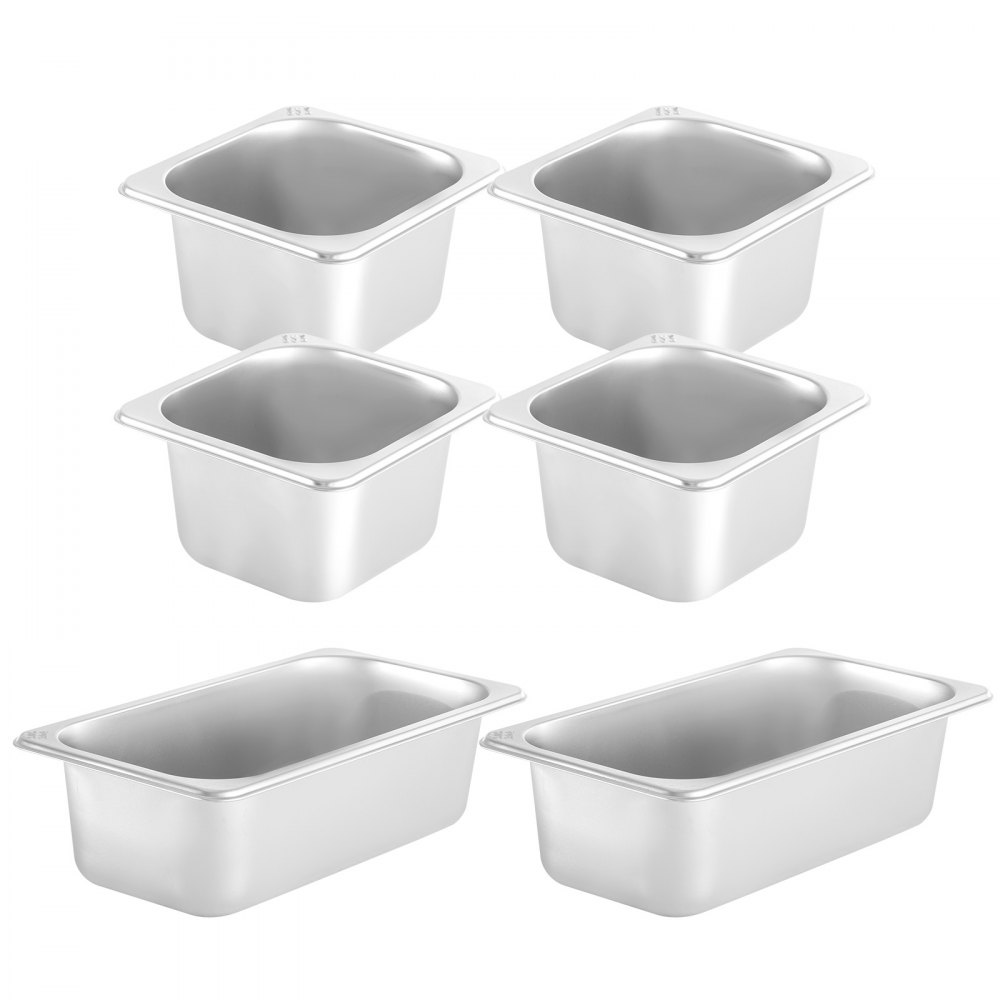 Bandejas de acero inoxidable para alimentos para la estación de preparación refrigerada VEVOR dispuestas sobre un fondo blanco.