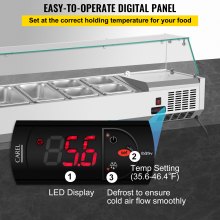 Estación de preparación de condimentos refrigerada VEVOR, mesa de preparación de sándwiches de 48 pulgadas, 10.8 cuartos de galón con 2 1/3 sartenes y 4 1/6 sartenes, barra de ensalada de 146 W con cuerpo de acero inoxidable 304, protector de vidrio templado, pantalla digital de temperatura, descongelación automática