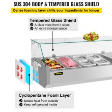 Estación de preparación de condimentos refrigerada VEVOR, mesa de preparación de sándwiches de 48 pulgadas, 10.8 cuartos de galón con 2 1/3 sartenes y 4 1/6 sartenes, barra de ensalada de 146 W con cuerpo de acero inoxidable 304, protector de vidrio templado, pantalla digital de temperatura, descongelación automática