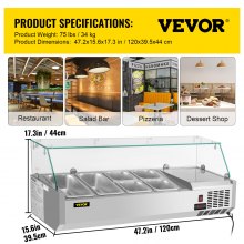 Estación de preparación de condimentos refrigerada VEVOR, mesa de preparación de sándwiches de 48 pulgadas, 10.8 cuartos de galón con 2 1/3 sartenes y 4 1/6 sartenes, barra de ensalada de 146 W con cuerpo de acero inoxidable 304, protector de vidrio templado, pantalla digital de temperatura, descongelación automática