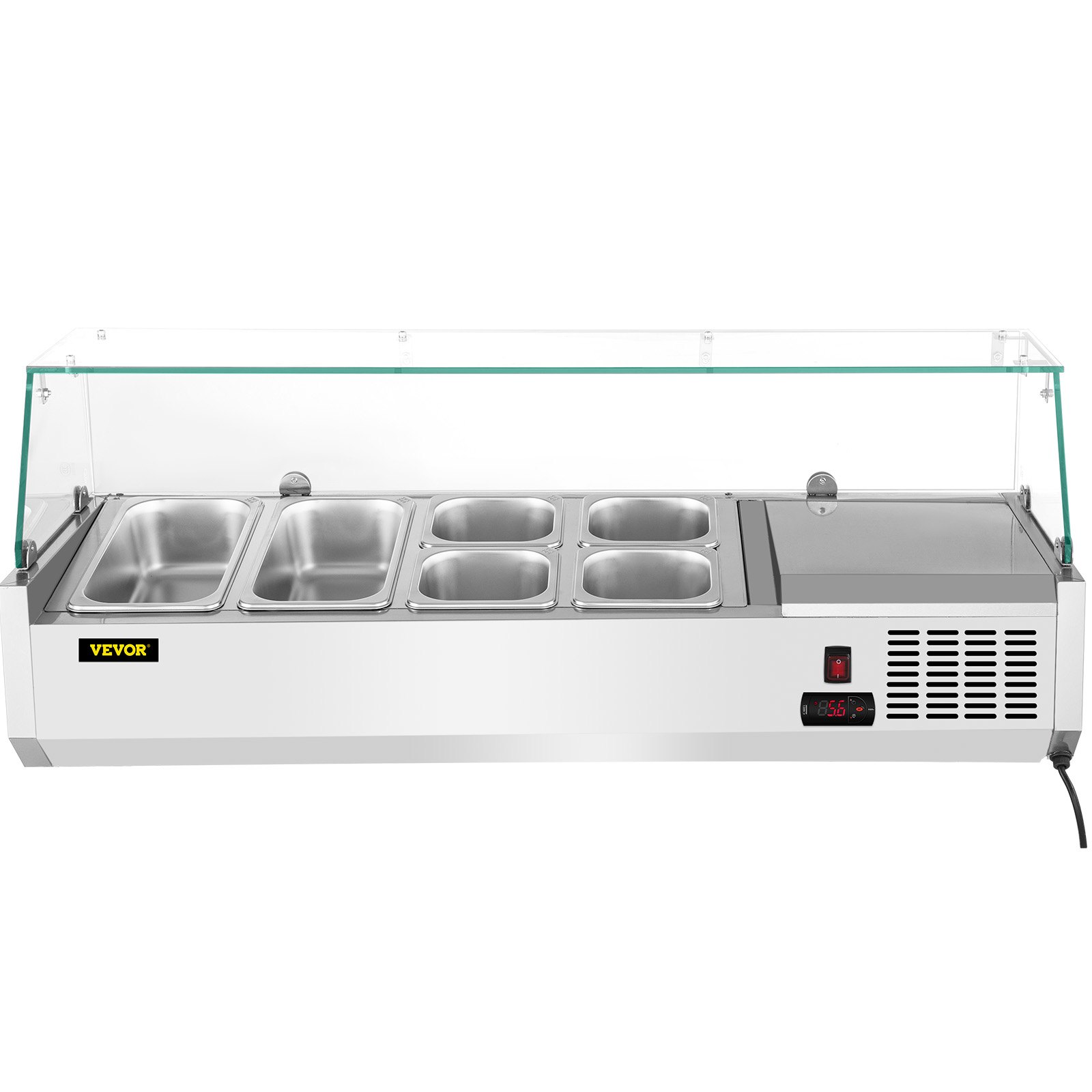 Estación de preparación refrigerada VEVOR con múltiples bandejas de acero inoxidable y un protector de vidrio transparente.