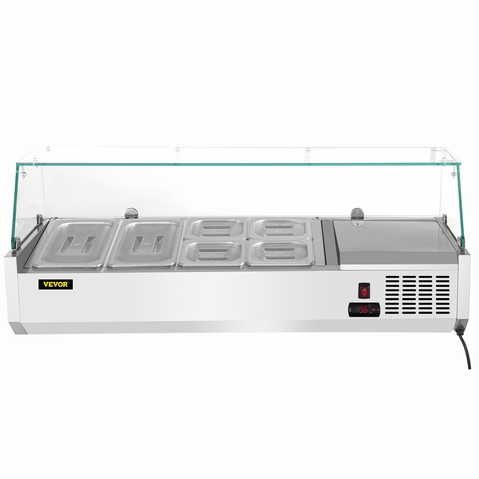 Estación de preparación refrigerada VEVOR con bandejas de acero inoxidable y protector de vidrio contra estornudos, vista frontal.