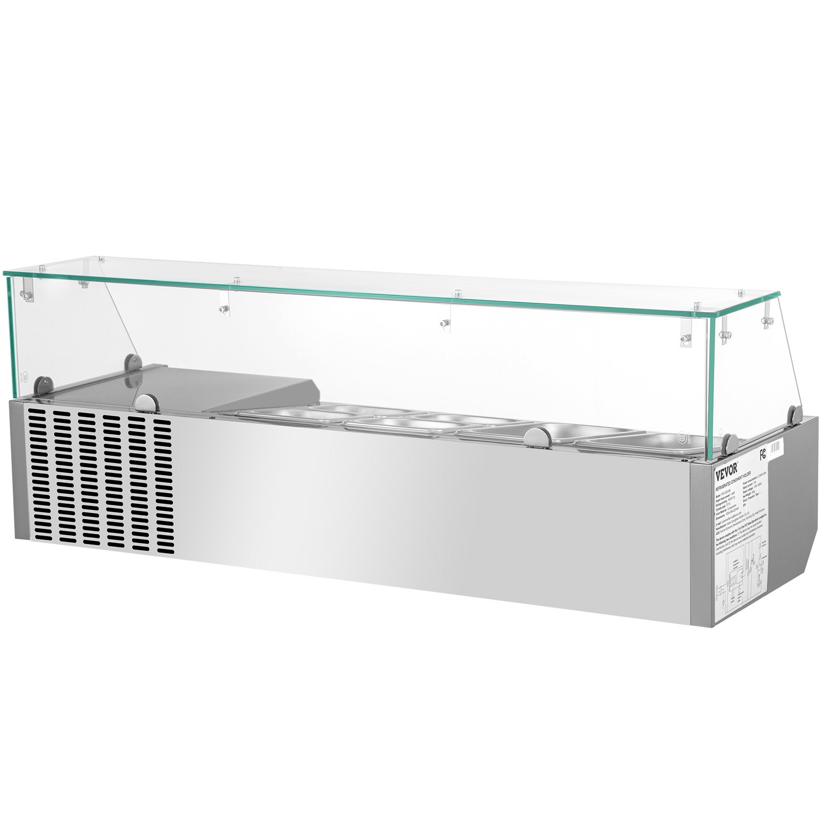Estación de preparación refrigerada VEVOR con cubierta de acero inoxidable y vidrio, con múltiples compartimentos