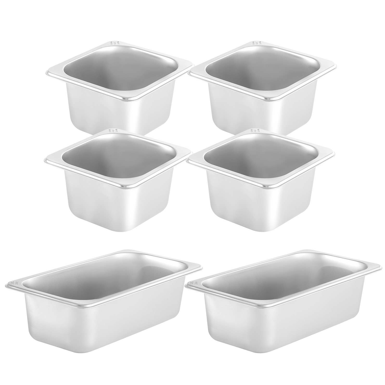 Bandejas de acero inoxidable para alimentos para la estación de preparación refrigerada VEVOR dispuestas sobre un fondo blanco.