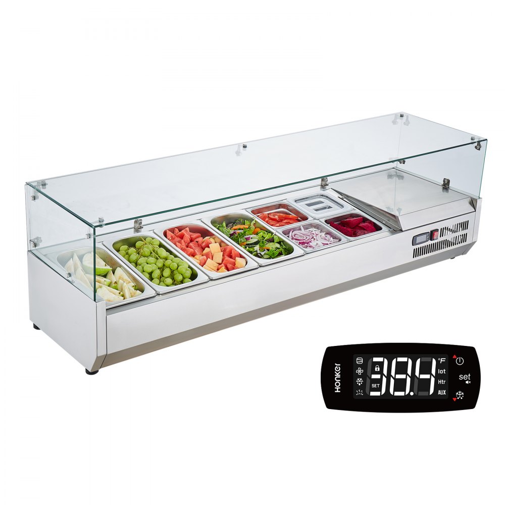 Estación de preparación de condimentos refrigerada VEVOR con cubierta de vidrio y diversas frutas y verduras frescas.