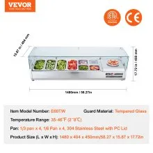 Estación de preparación de condimentos refrigerada VEVOR, estación de condimentos refrigerada para encimera de 150 W, con 4 1/3 bandejas y 4 1/6 bandejas, cuerpo de acero inoxidable 304 y tapa de PC, mesa de preparación de sándwiches con protector de vidrio, ETL