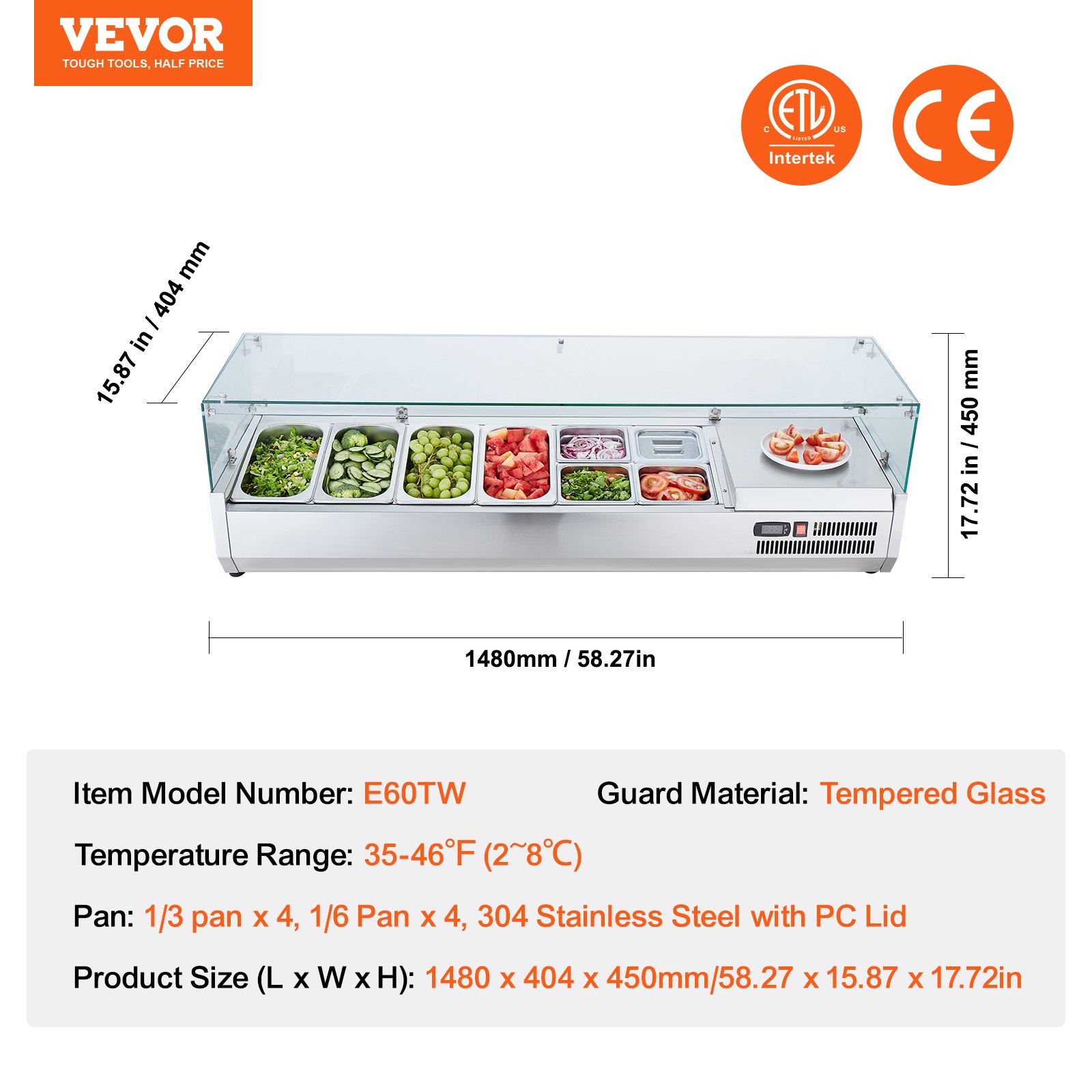 Estación de preparación de condimentos refrigerada VEVOR con vidrio templado, múltiples bandejas de acero inoxidable y dimensiones.