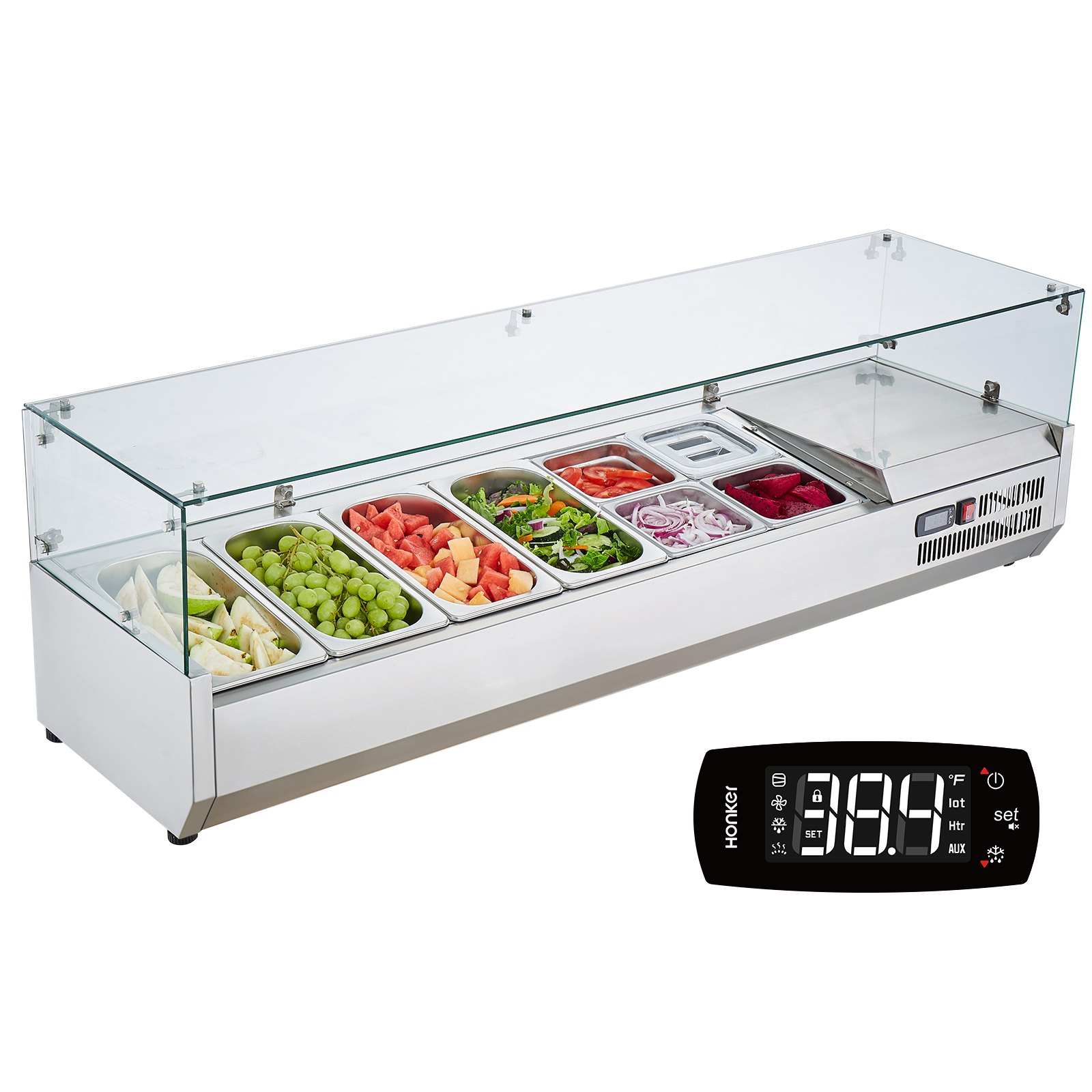 Estación de preparación de condimentos refrigerada VEVOR con varios ingredientes frescos y pantalla de temperatura digital.