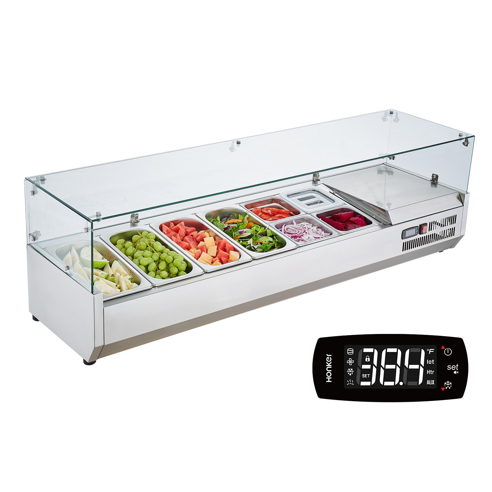 Estación de preparación de condimentos refrigerada VEVOR con cubierta de vidrio y diversas frutas y verduras frescas.