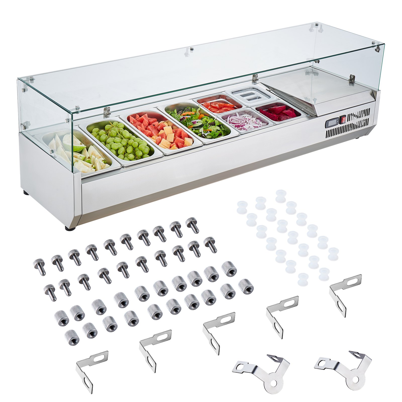 Estación de preparación de condimentos refrigerada VEVOR con bandejas para verduras, protector de vidrio y herrajes de ensamblaje.
