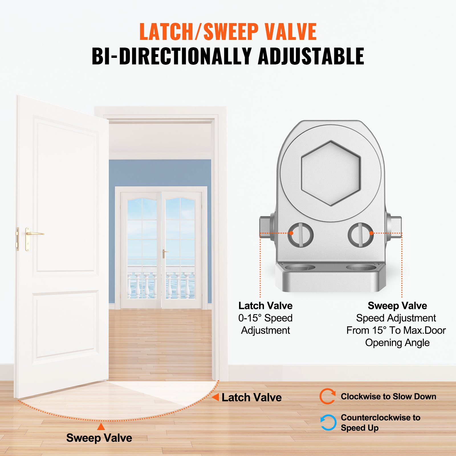 VEVOR Cierrapuertas Automático para Uso Comercial Privado Carga 45 kg Cierrapuertas de Aluminio Fundido Cierrapuertas Tamaño Ajustable con Carcasa de Tope Hidráulico Tres Métodos de Instalación Plata