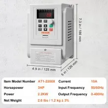 VEVOR Inverter Azionamento a Frequenza Variabile 2,2kW, Regolatore Convertitore Frequenza 3CV 10A 0-400Hz VFD Ingresso Monofase Uscita Trifase Regolatore Inverter di Controllo di Velocità del Motore