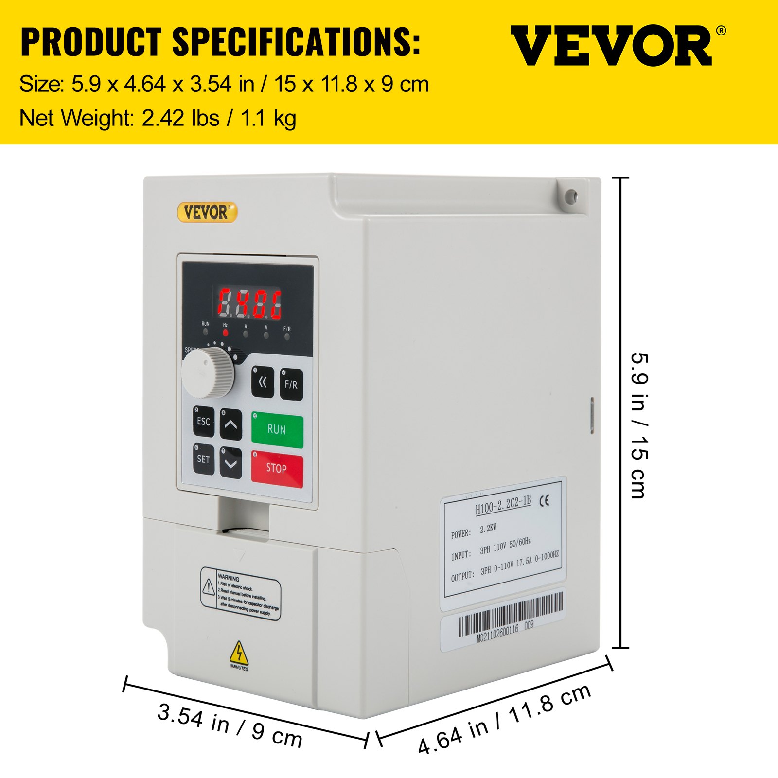VEVOR Variador de Frecuencia Variador de Velocidad 2,2kW Convertidor de Frecuencia 1 o 3 Fase 1,1kg