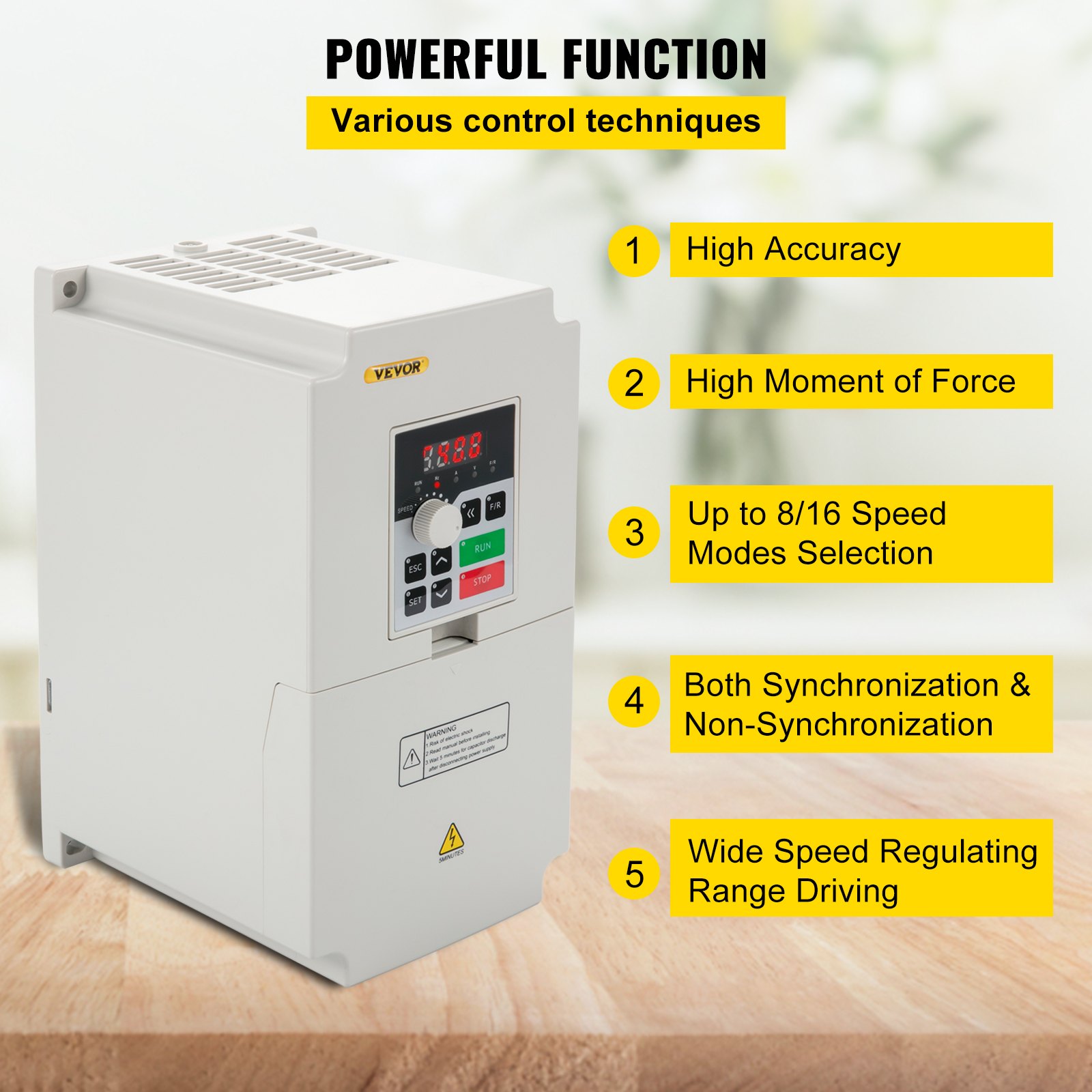 Variador de frecuencia VEVOR con alta precisión y hasta 16 modos de velocidad.