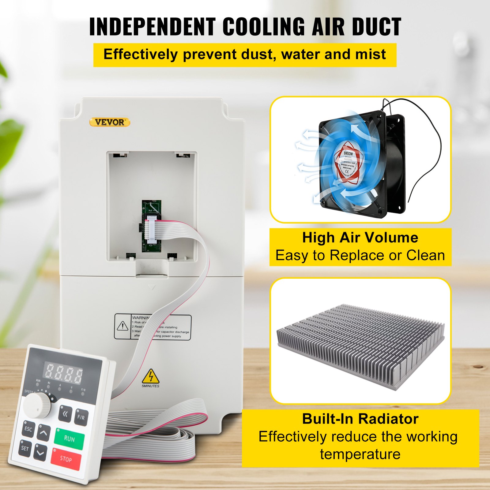 Variador de frecuencia VEVOR con componentes de conducto de aire de refrigeración, ventilador y radiador.