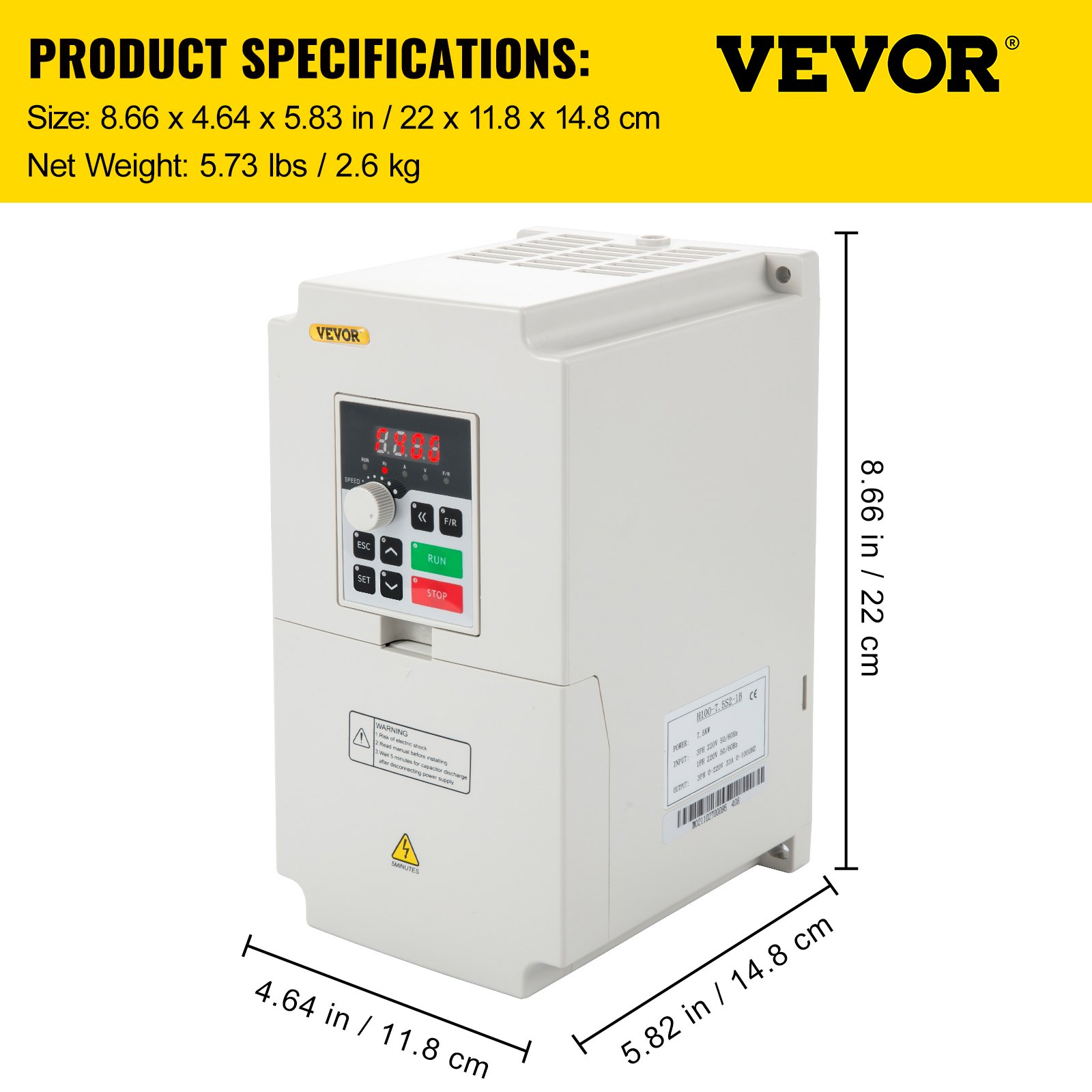 Variador de frecuencia VEVOR con dimensiones y especificaciones sobre fondo amarillo.