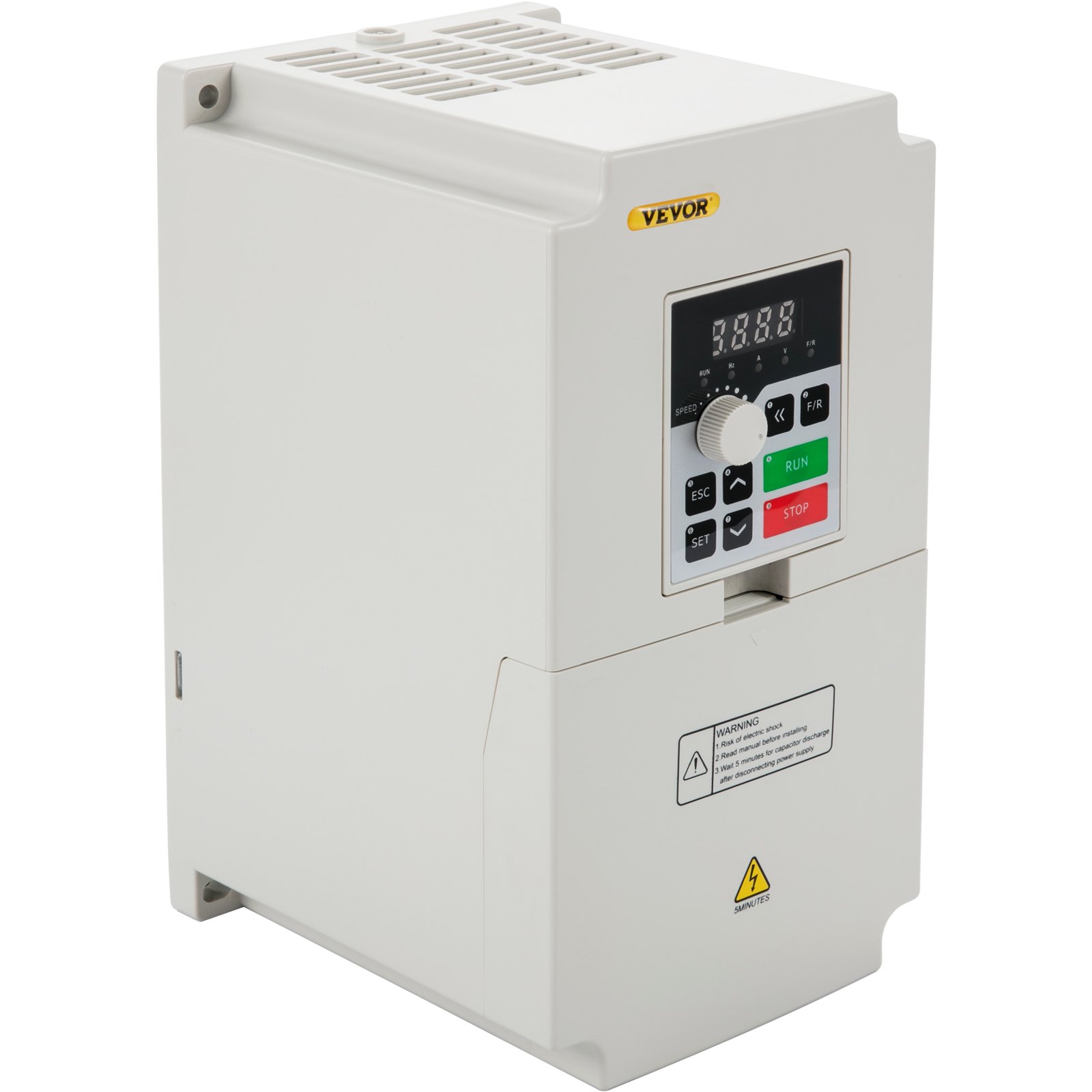 Variador de frecuencia VEVOR blanco con panel de control y etiquetas de advertencia de seguridad.