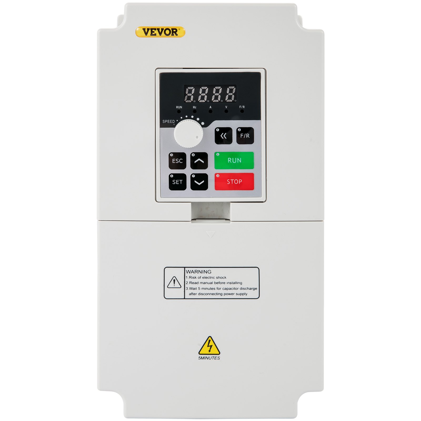 Variador de frecuencia VEVOR con botones de control, pantalla digital y etiqueta de advertencia.