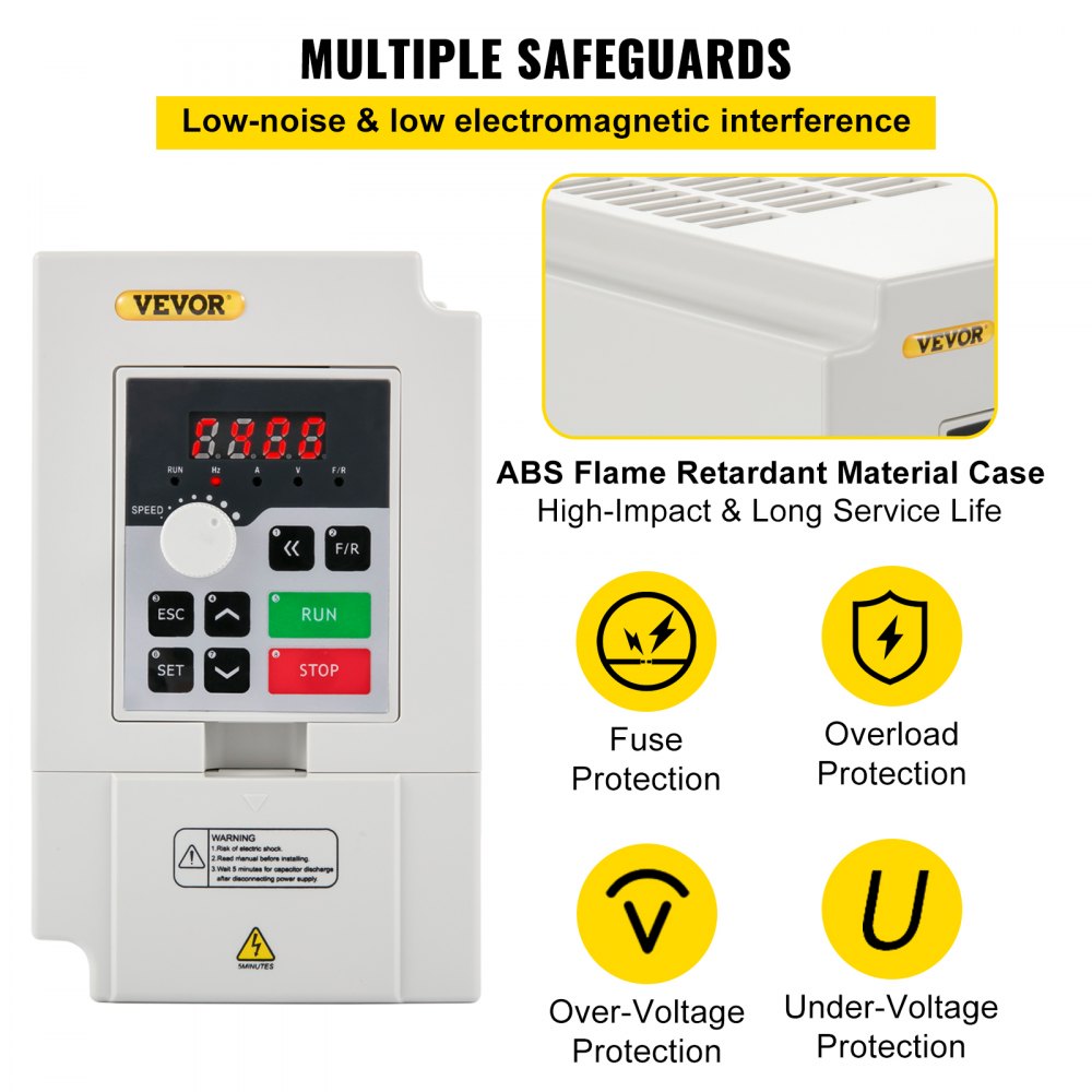 Variador de frecuencia VEVOR con múltiples protecciones y carcasa ABS ignífuga.