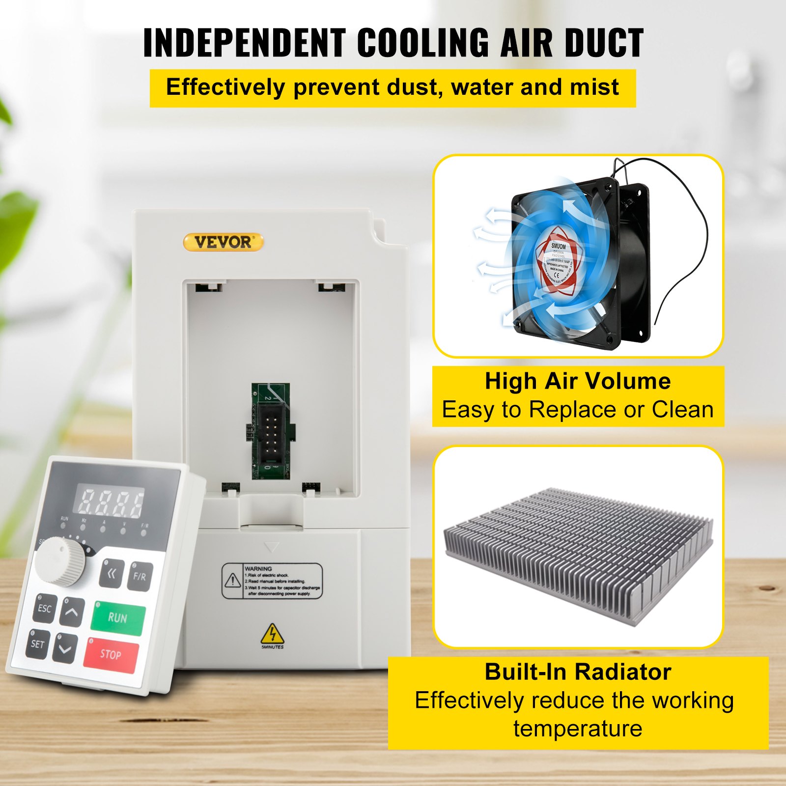 Variador de frecuencia VEVOR con conducto de aire de refrigeración independiente, ventilador de gran volumen de aire y radiador incorporado.